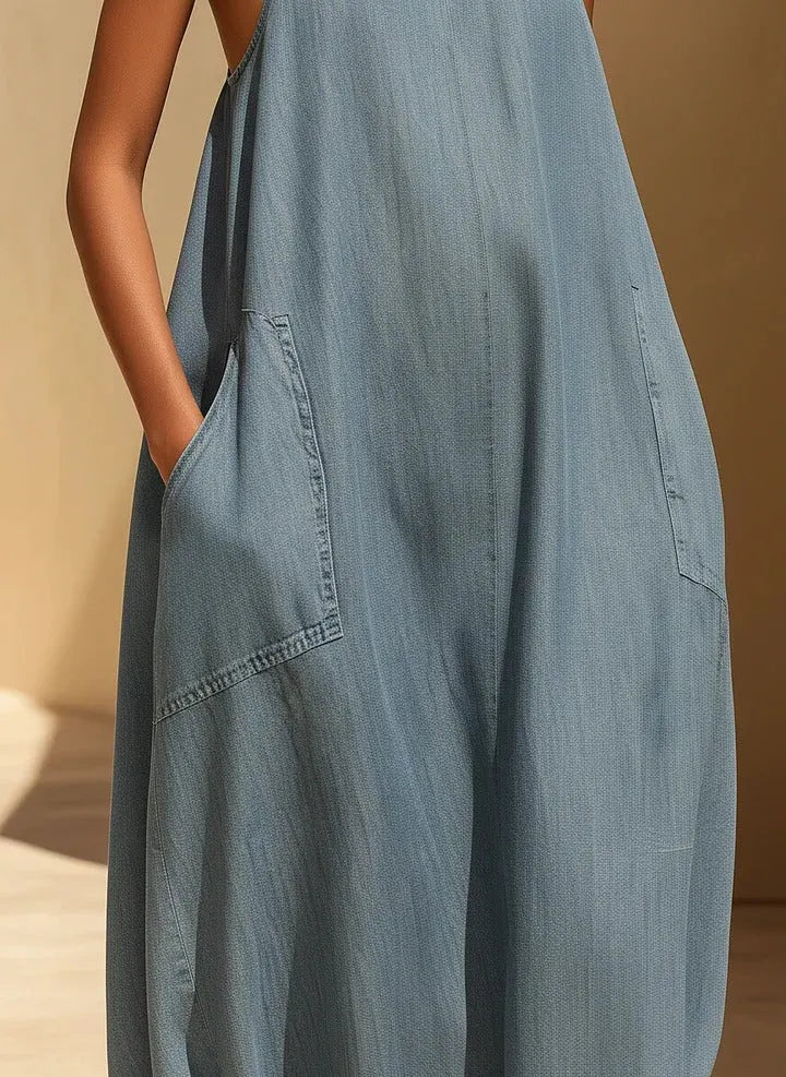 Light Blue Tencel Denim Halter Neck Cocoon Maxi Dress