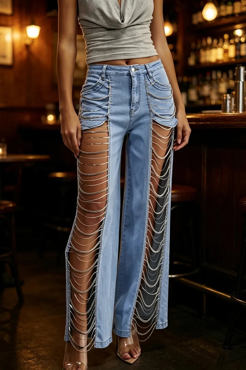 Women's Hollowed Out Chain Splicing Casual Jeans