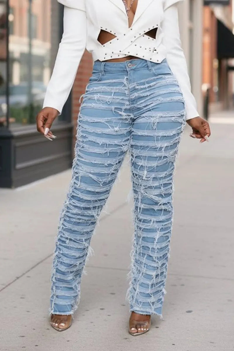Ladies' Casual Distressed High Waisted Jeans