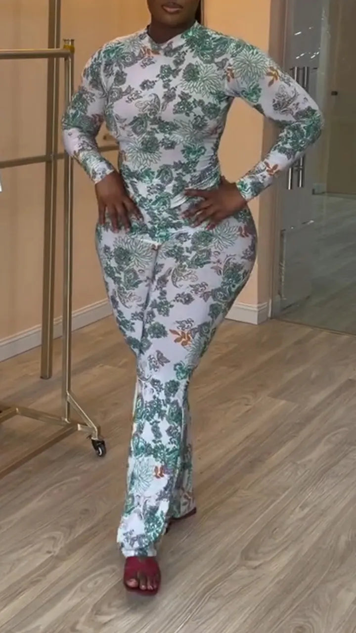 Women Round Neck Printed Long Sleeved Top + Pants Casual Suit
