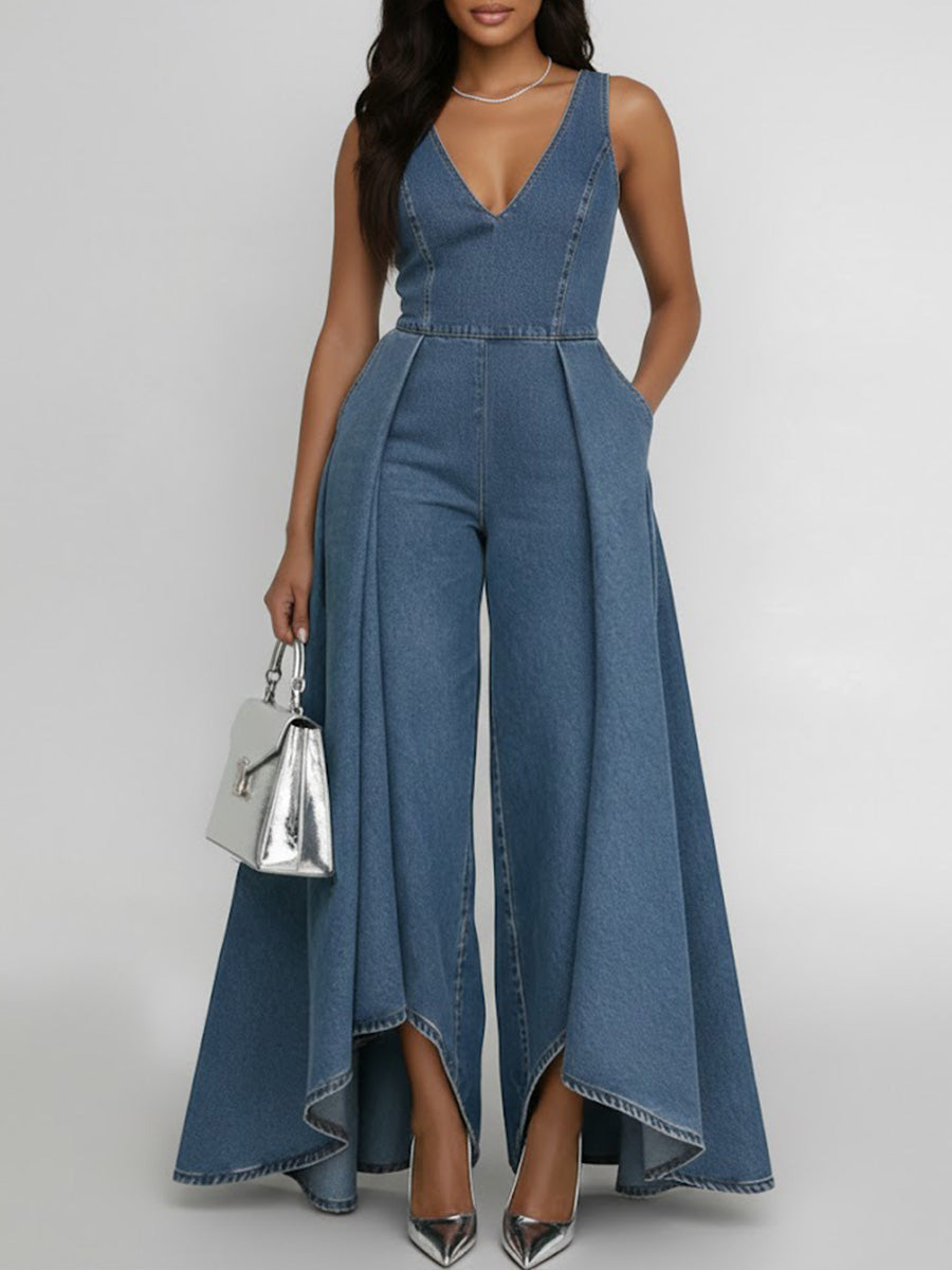 Women's Round Neck Sleeveless Casual Loose Wide-leg Denim Jumpsuit