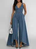 Women's Round Neck Sleeveless Casual Loose Wide-leg Denim Jumpsuit