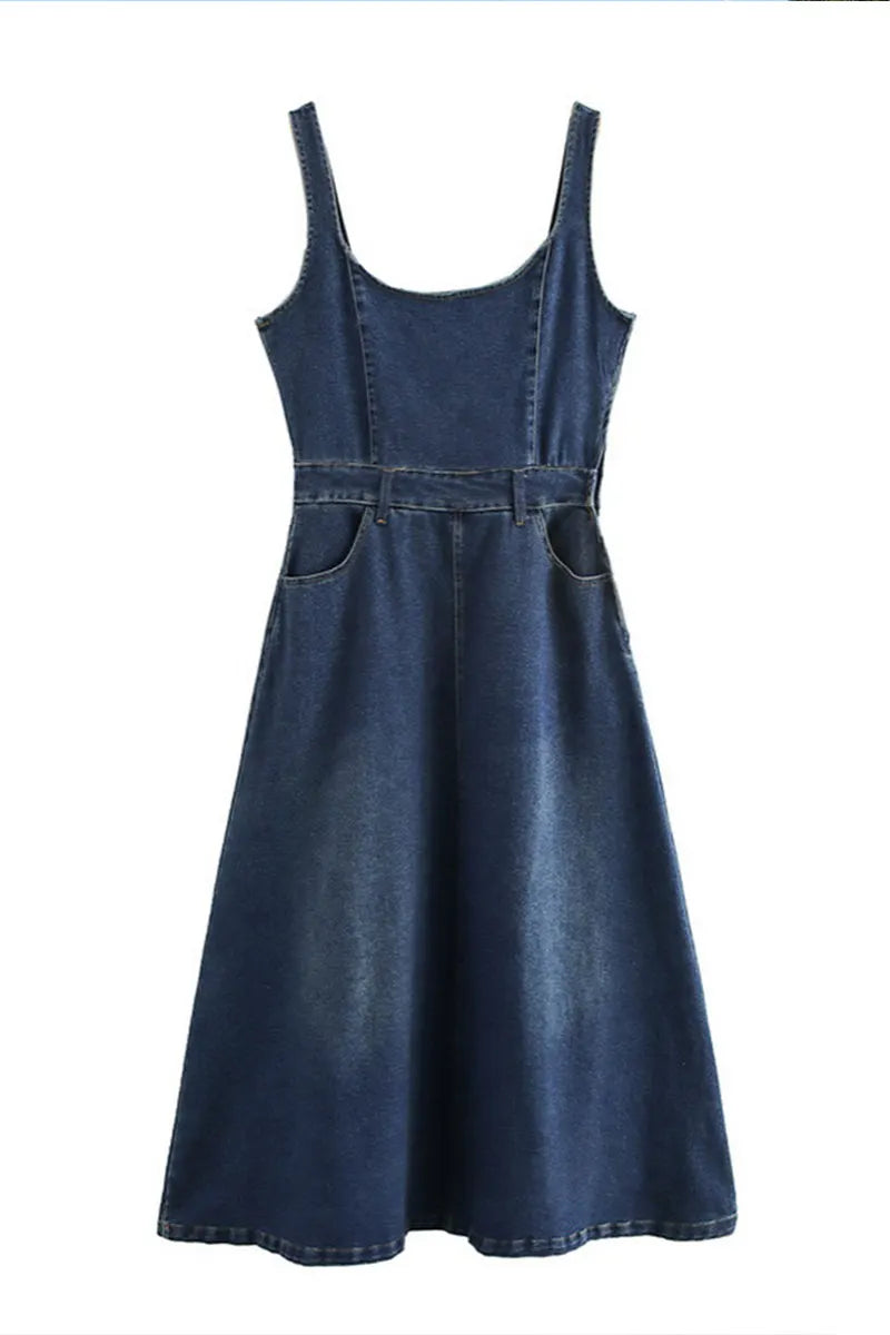 Women Halter V Neck Zip Front Flowy Mini Denim Dress