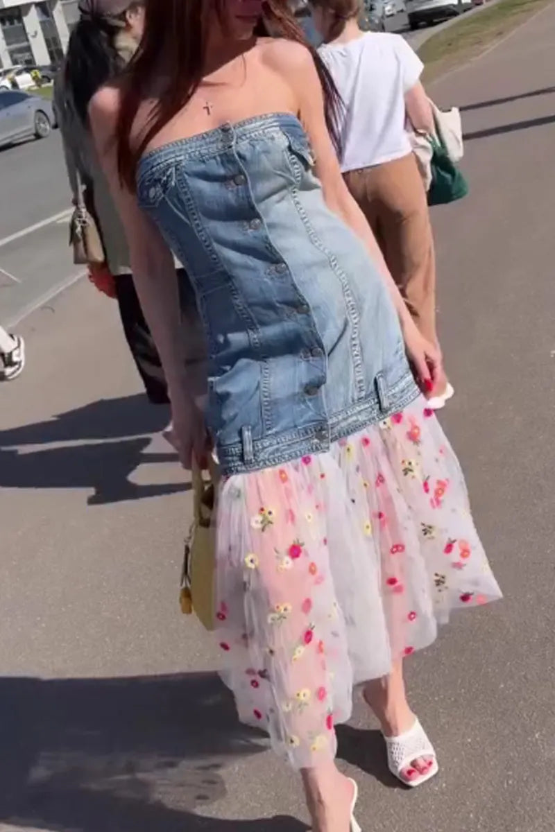 Women's Casual Strapless Denim Spliced Floral Tulle Midi Dress