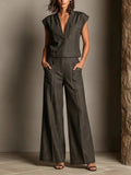 Women's Minimalist Denim Two Piece Set, Sleeveless Collared Crop Top & Wide Leg Pants