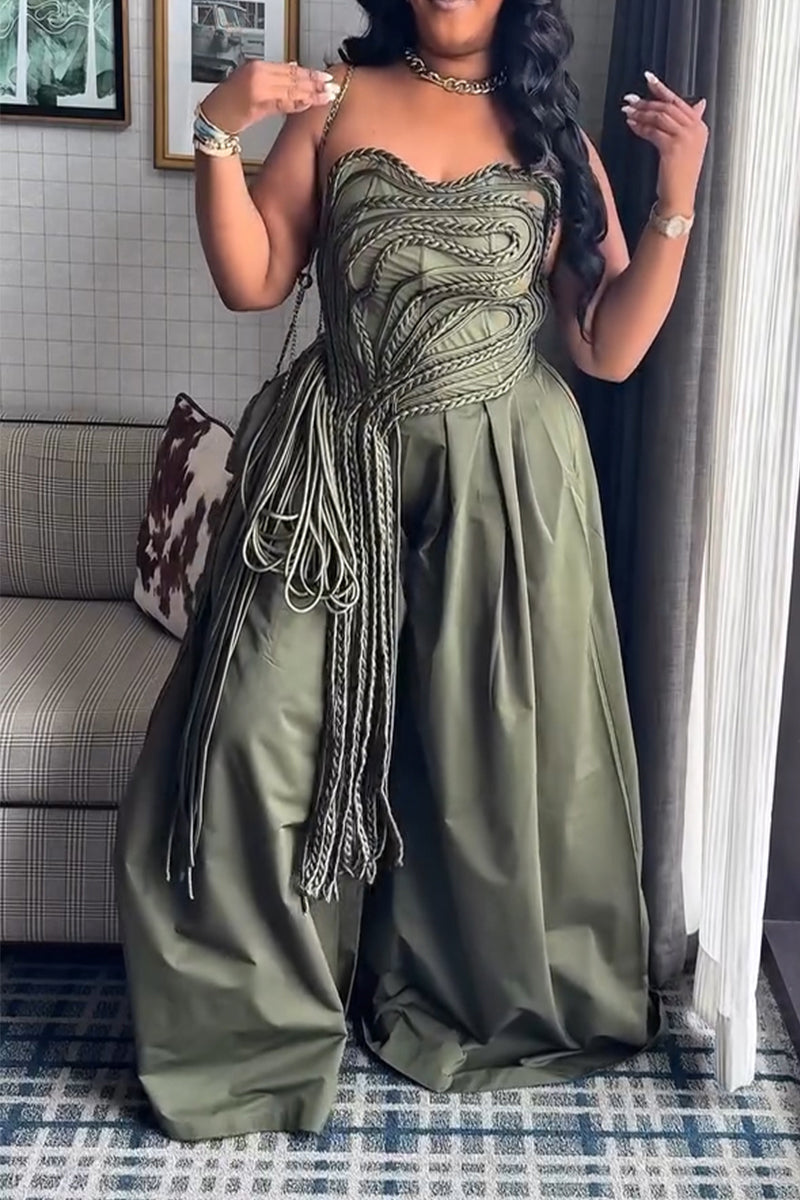 Women's Fashion Woven Decoration Asymmetric Strapless Top or Wide Leg Pants