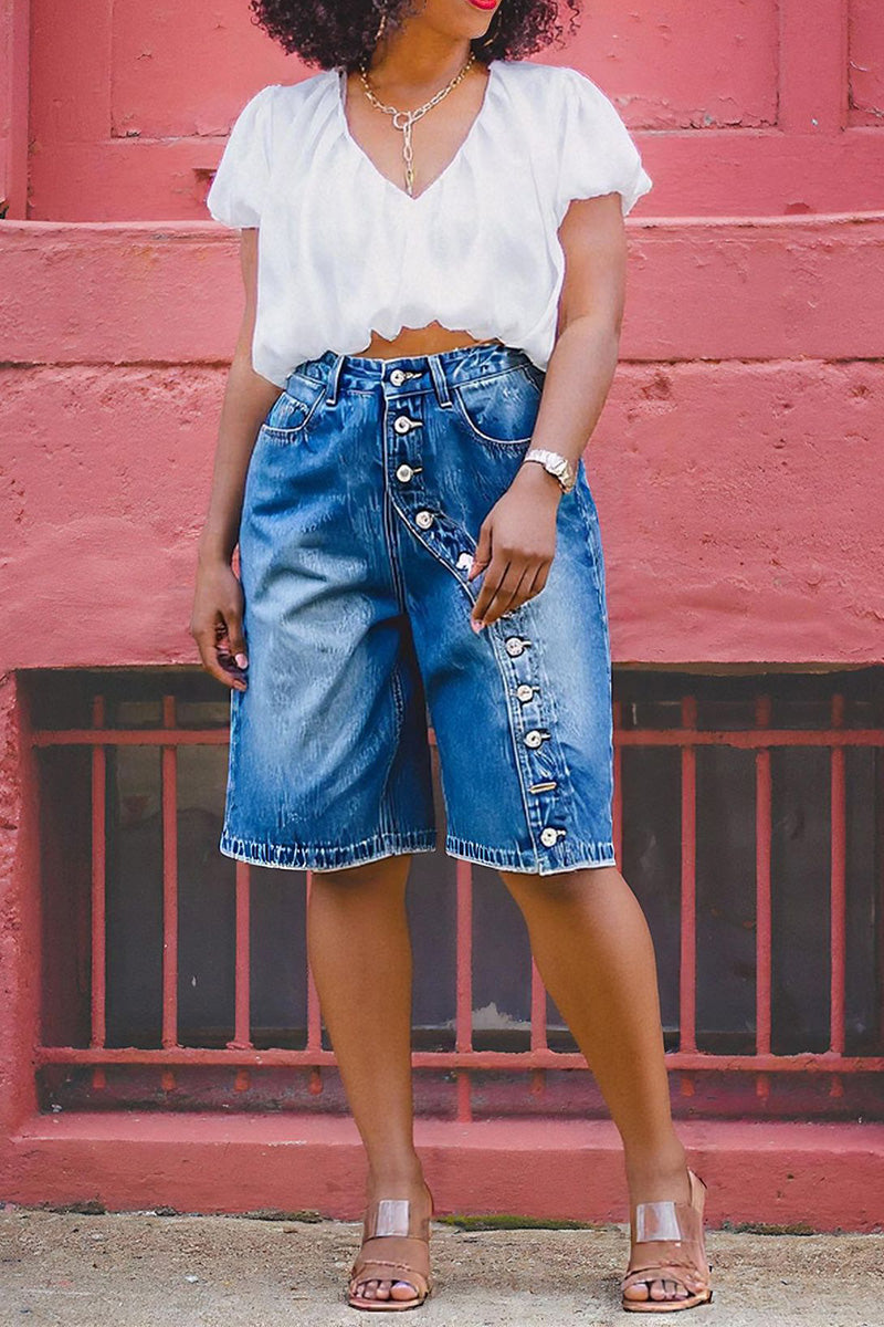 Women's High Waisted Multi-Button Loose Denim Shorts