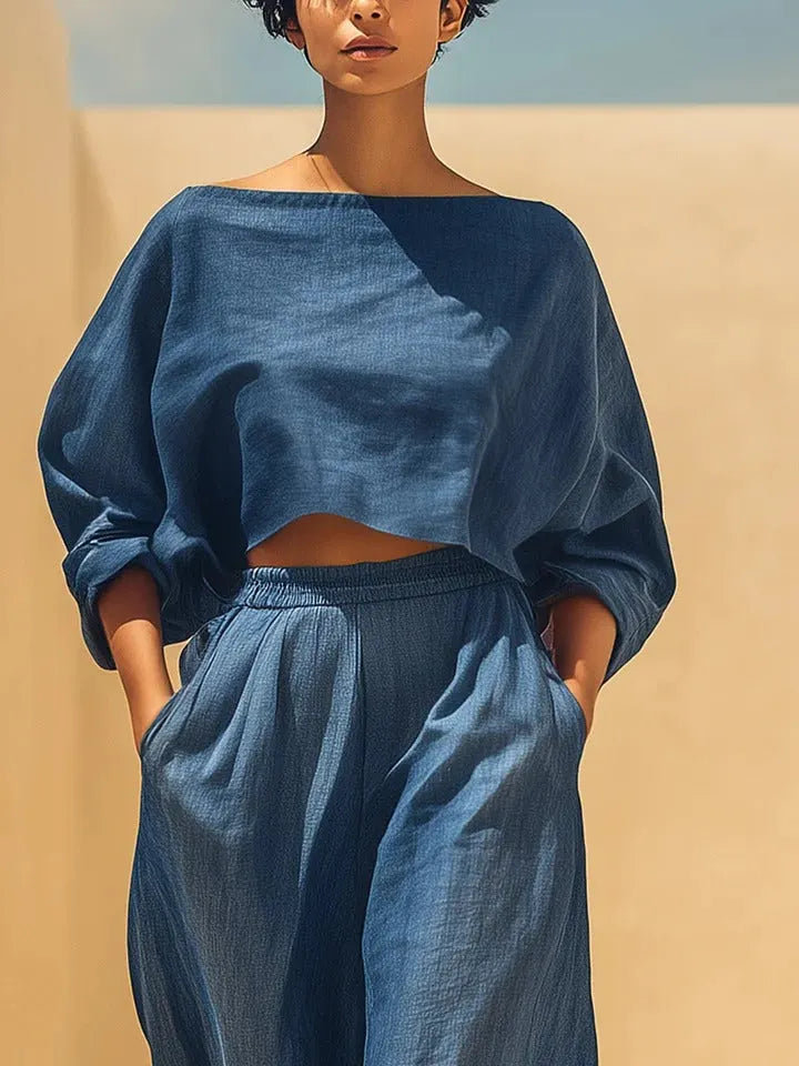 Blue Denim-Like Two-Piece Set: Boat Neck Crop Top & Balloon Pants