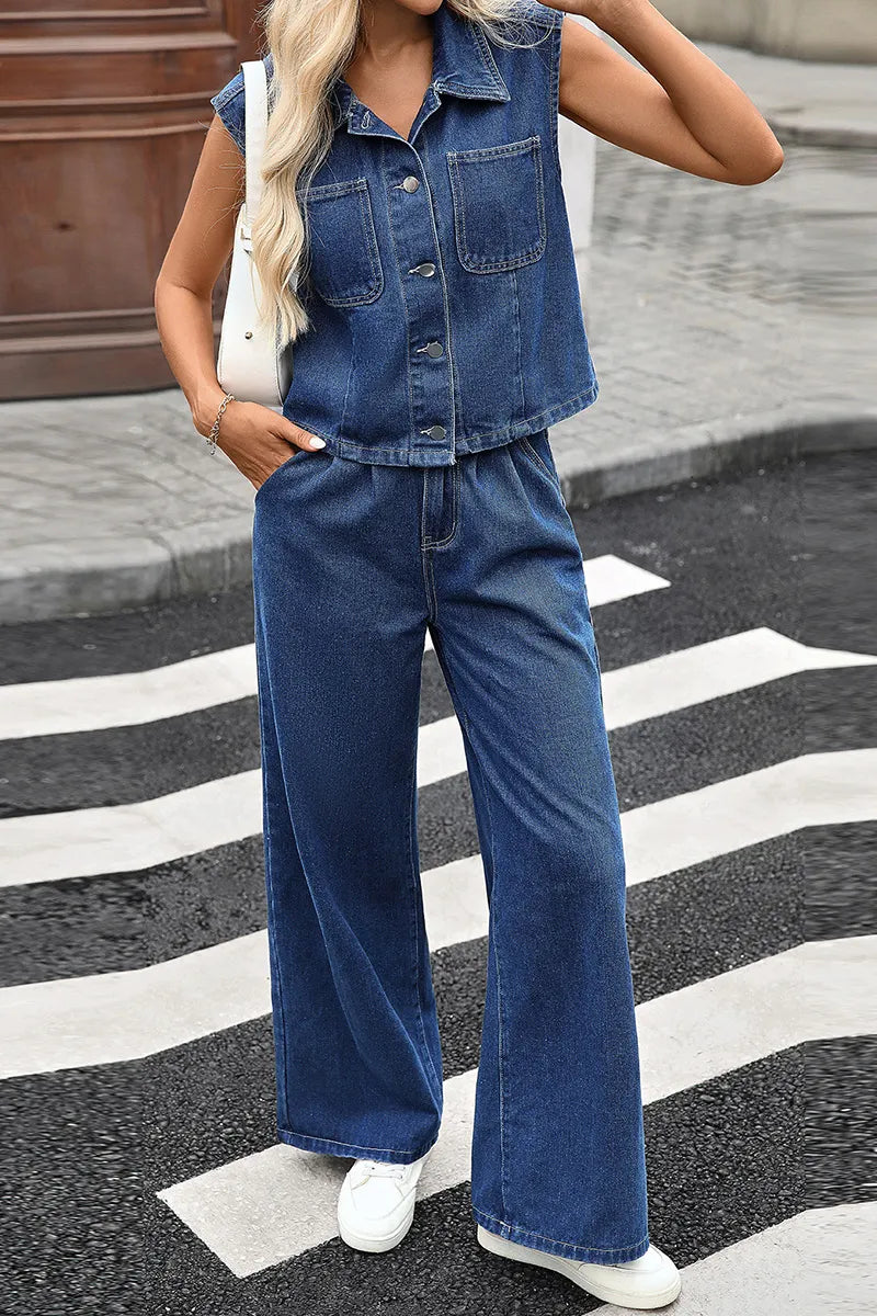 Women's Washed Denim Button-Down Collar Top + Jeans Sets