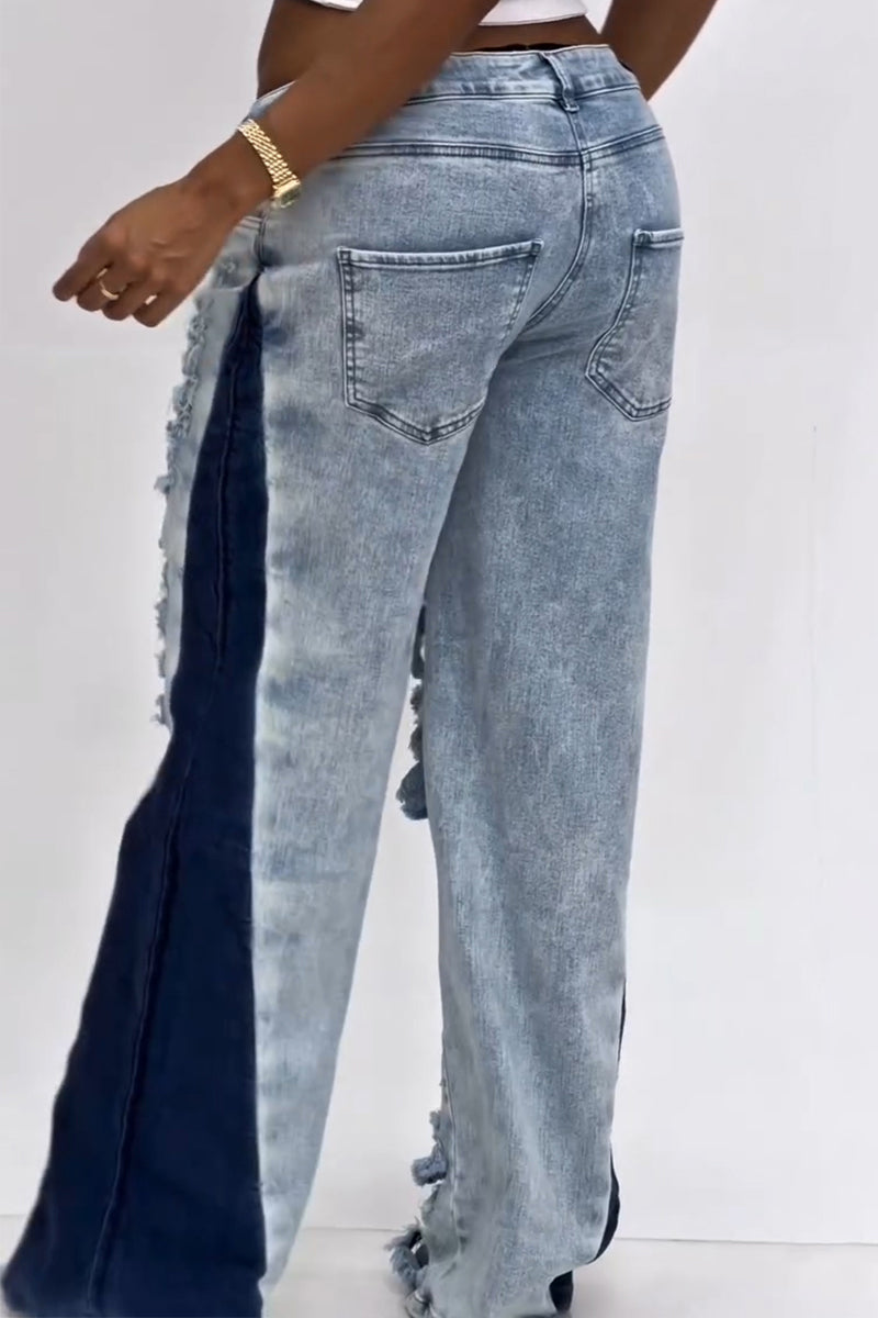 Women's Casual Ripped Washed Side Color Block Jeans