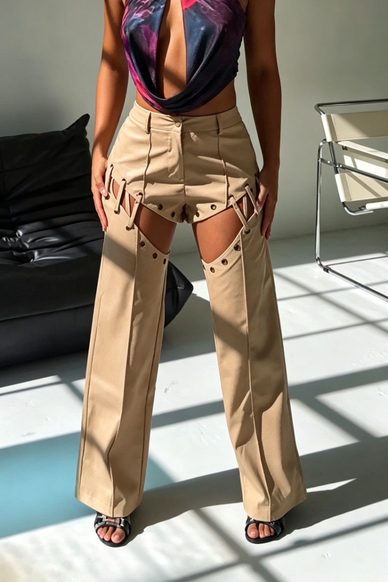Women's Hollow Out Strap Casual Wide Leg Pants