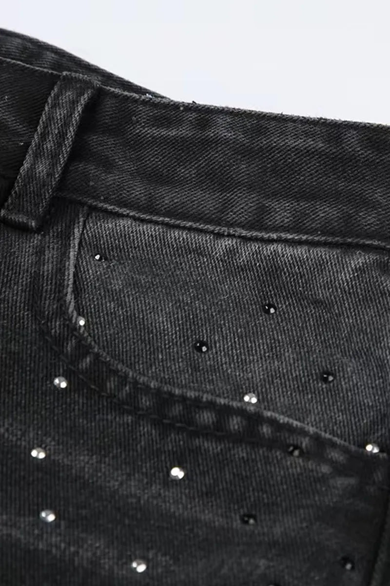Vintage Hotfix Rhinestone Distressed Low Rise Wide Leg Jeans