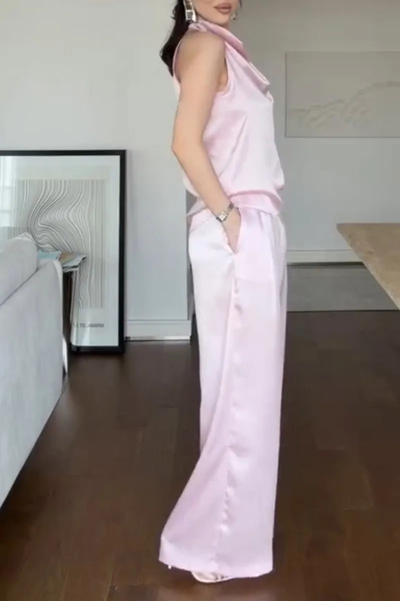 Women's Elegant Drape Satin Vest Pants Two-Piece Set