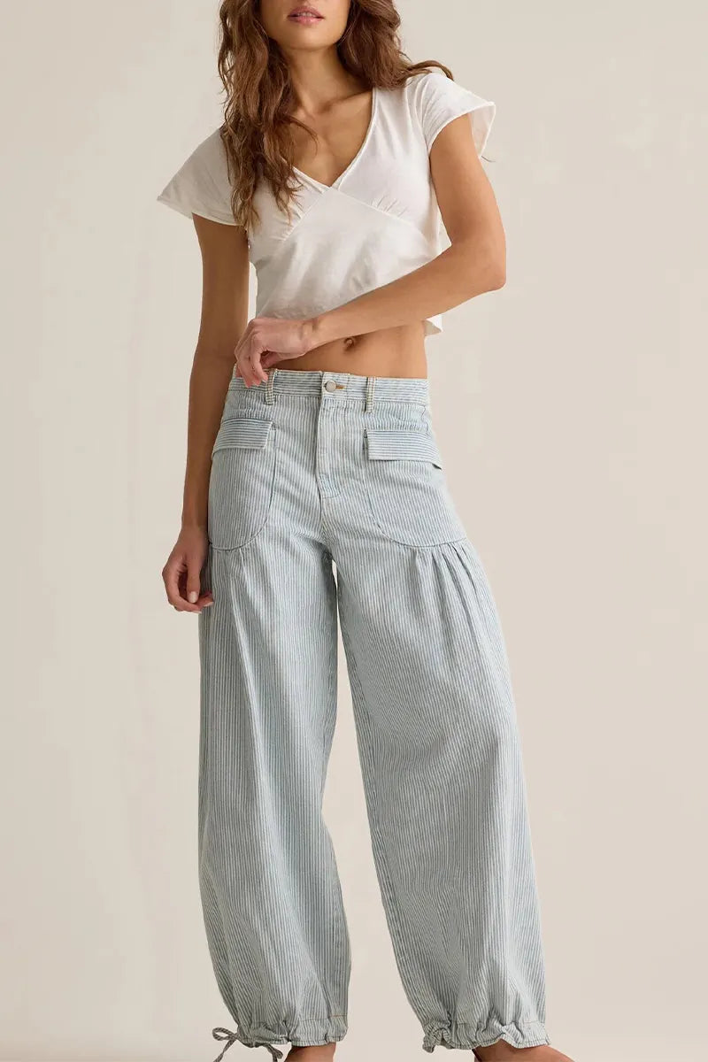 Women Vertical Stitched Pocket Casual Wide Leg Jeans