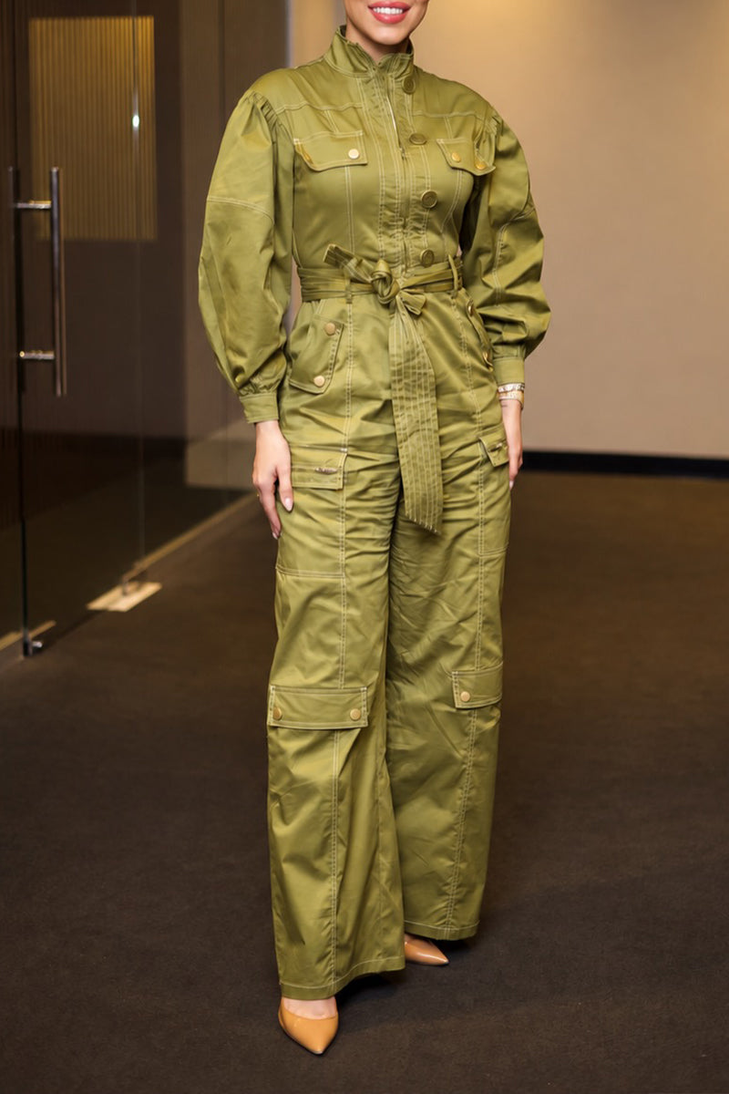 Women's Fashion Puff Sleeve Cargo Long Jumpsuit with Belt