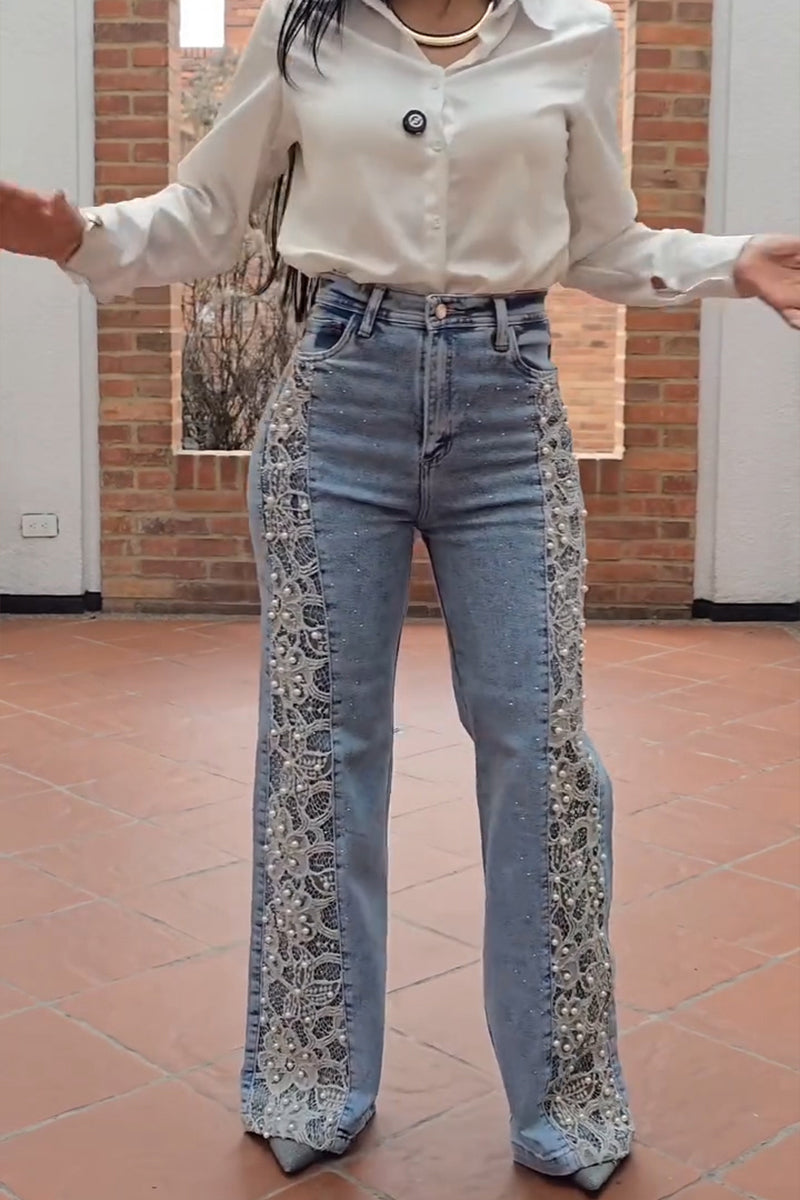 Women's Fashion Lace Patchwork Beads Decoration Wide Leg Jeans