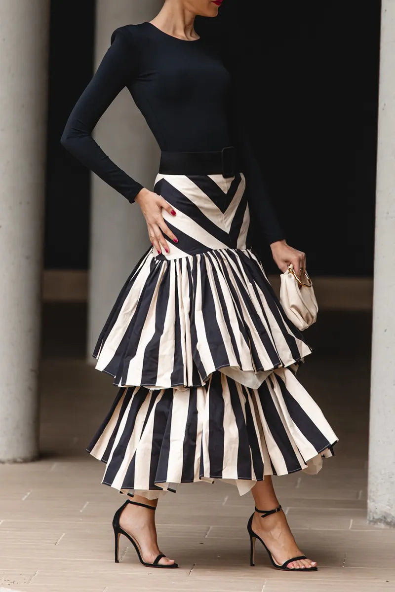 Women's Elegant Knit Top or Tiered-Hem Stripe Skirt