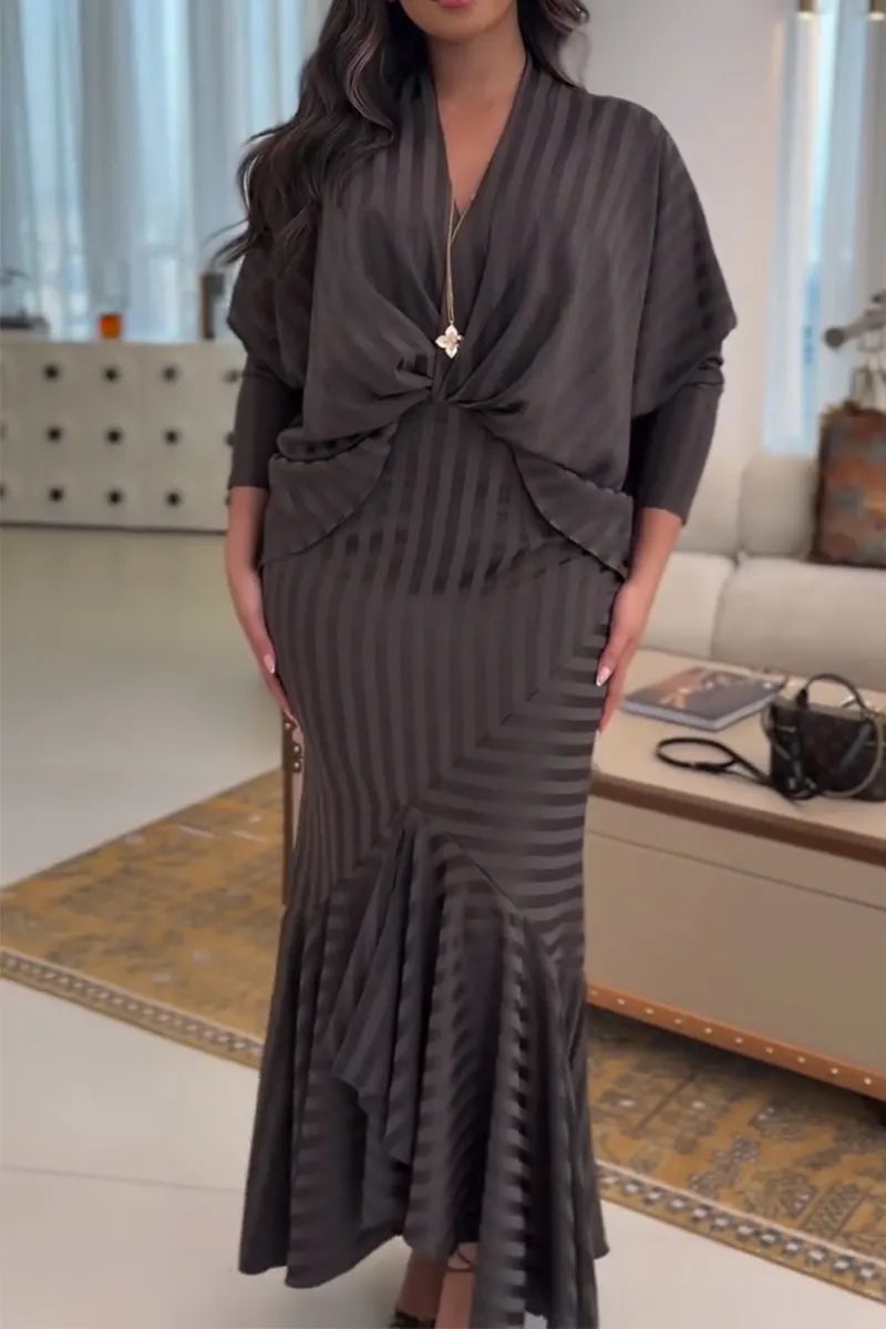 Women V-neck Vertical Stripe Top + Hip Hugging Half Skirt Elegant Temperament Set