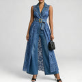 Women's Sleeveless Jumpsuit With Denim And Lace Paneling