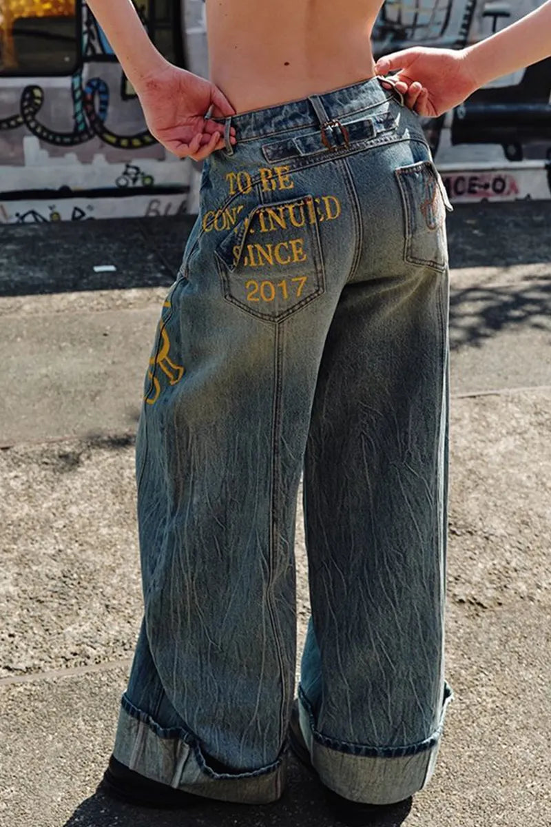 Ladies' Street Double Waist Panel Print Denim Jeans
