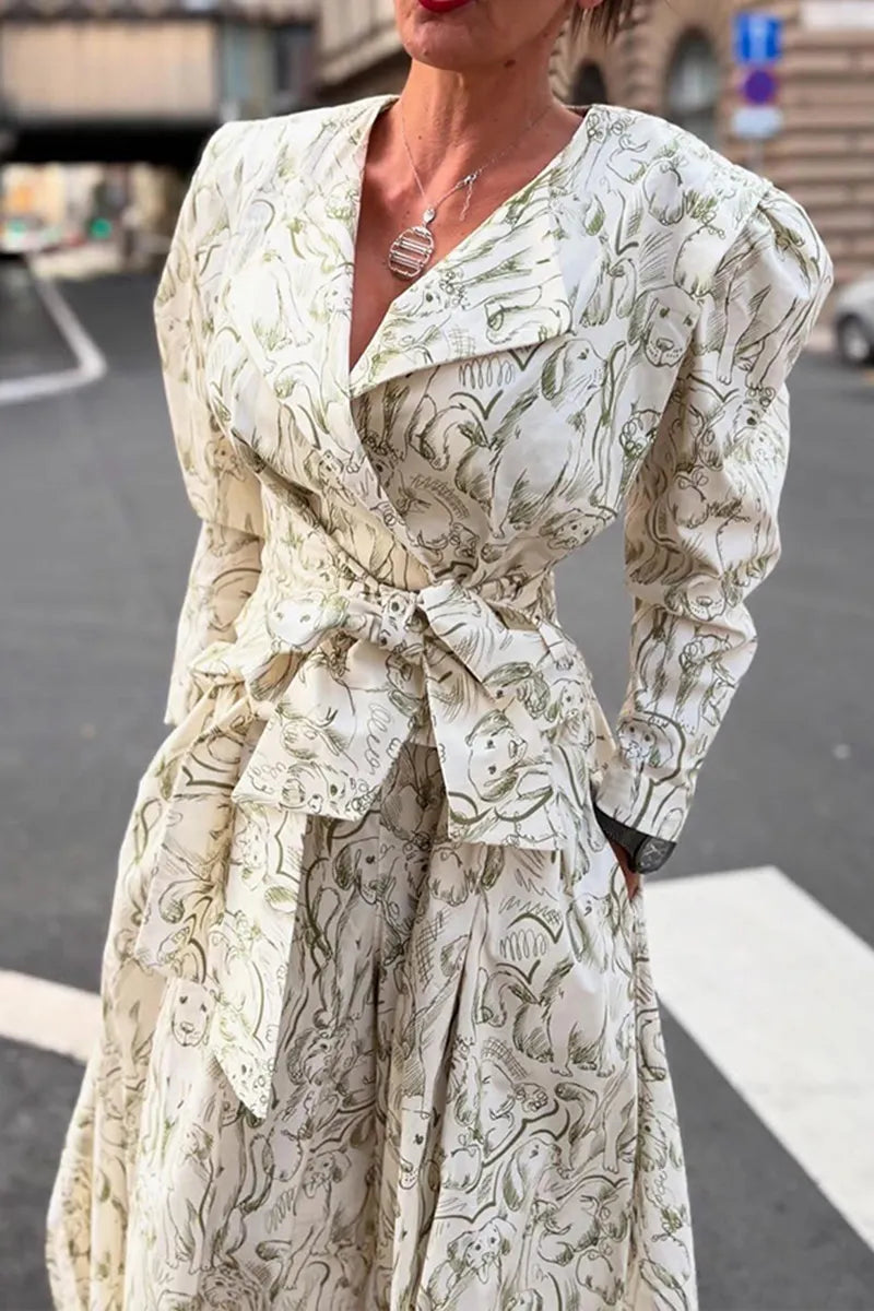 Women's Fashion Pattern Print Leg of Mutton Sleeve Jacket or Loose Pants