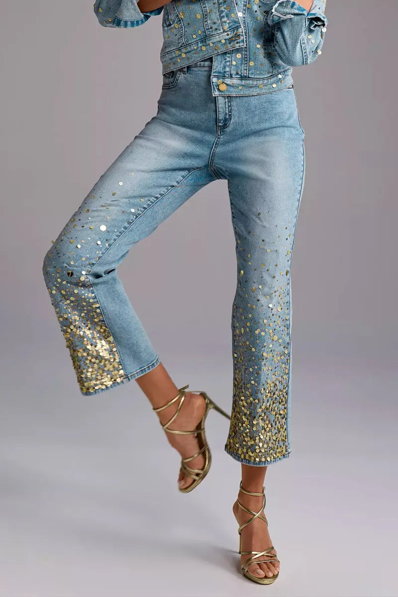 Ladies' Hot Selling Casual Gradient Sequin Flared Jeans