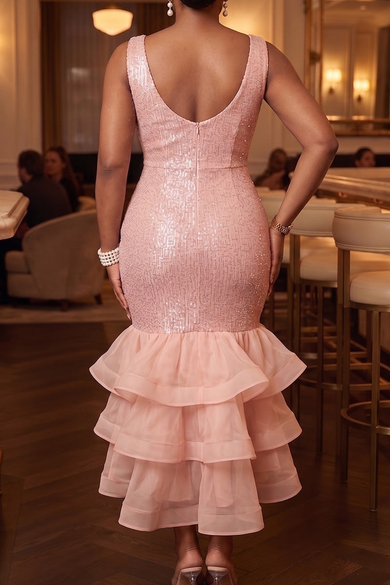 Women's Bodycon Blush Pink V-Neck Sequin Mermaid Ruffle Midi Dress