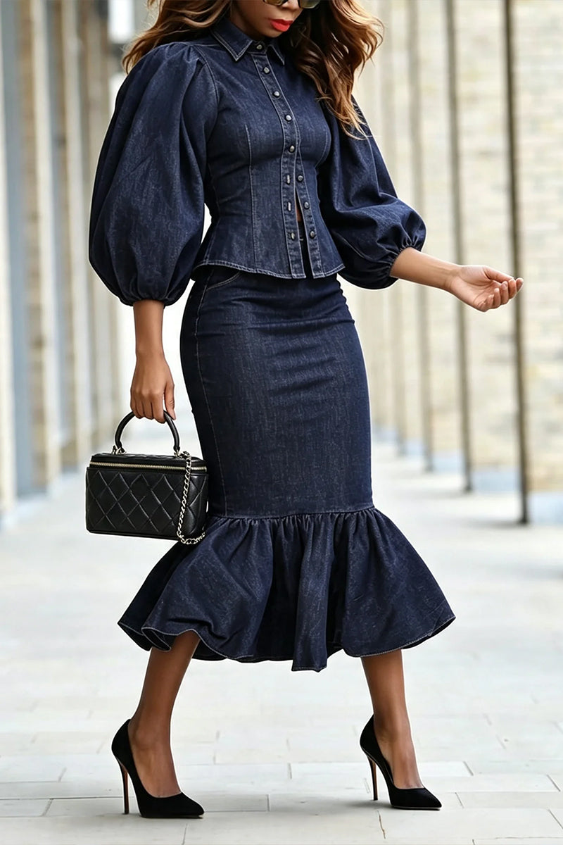 Women's Elegant Puff Sleeve Slim Denim Shirt or Ruffle Skirt