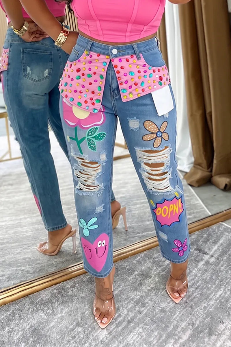 Fashion Rhinestone Washed Ripped Print Jeans