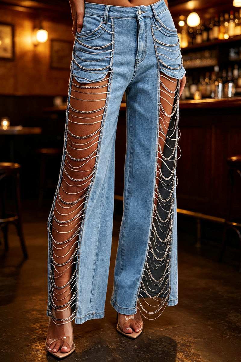 Women's Hollowed Out Chain Splicing Casual Jeans