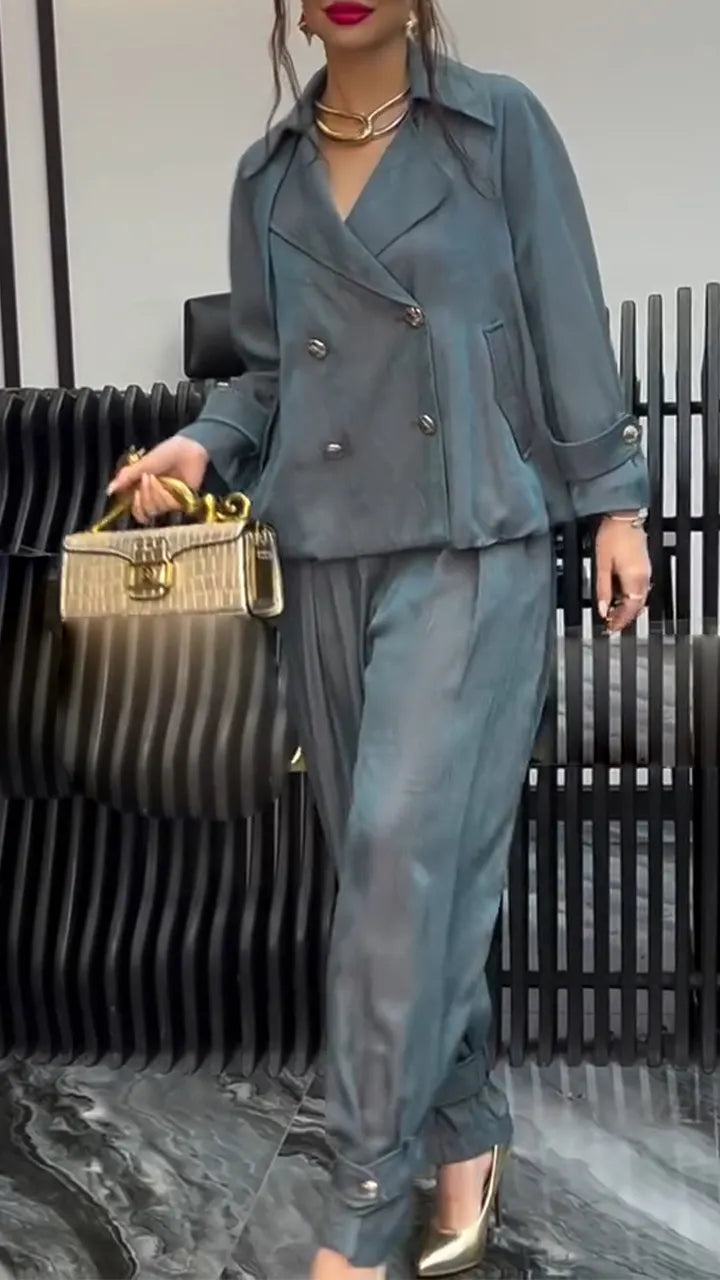Women Collar Double Breasted Jacket + Pants Temperament Commuting Suit