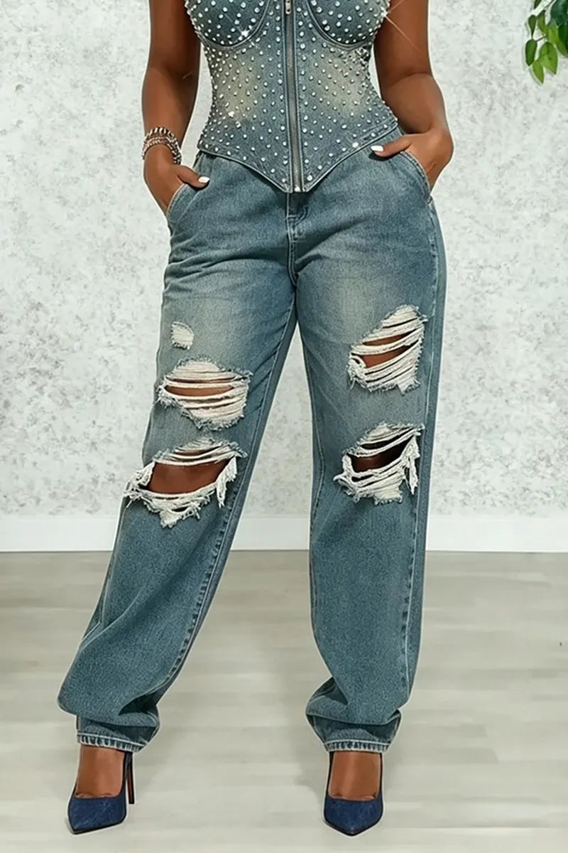 Women's Fashion Bestseller Rhinestone Denim Vest & Distressed Jeans
