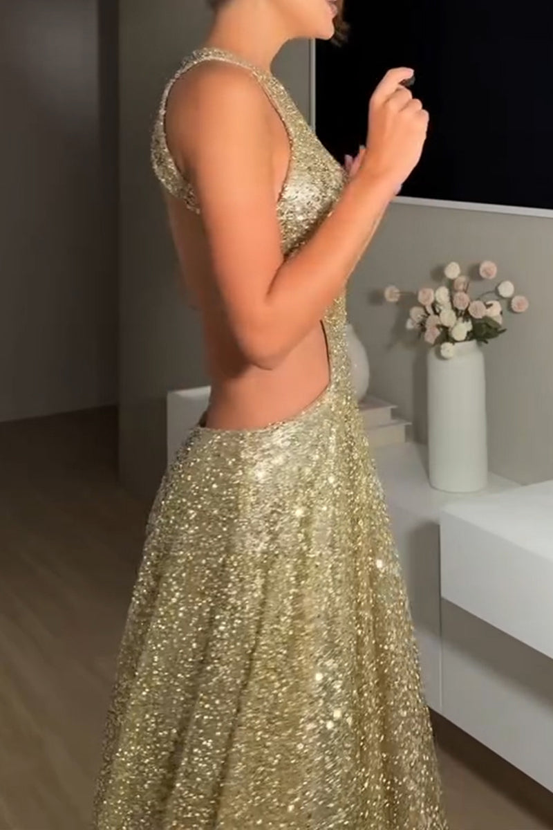 Women's Elegant Party Shiny Beads Waist Cut-Out Maxi Dress
