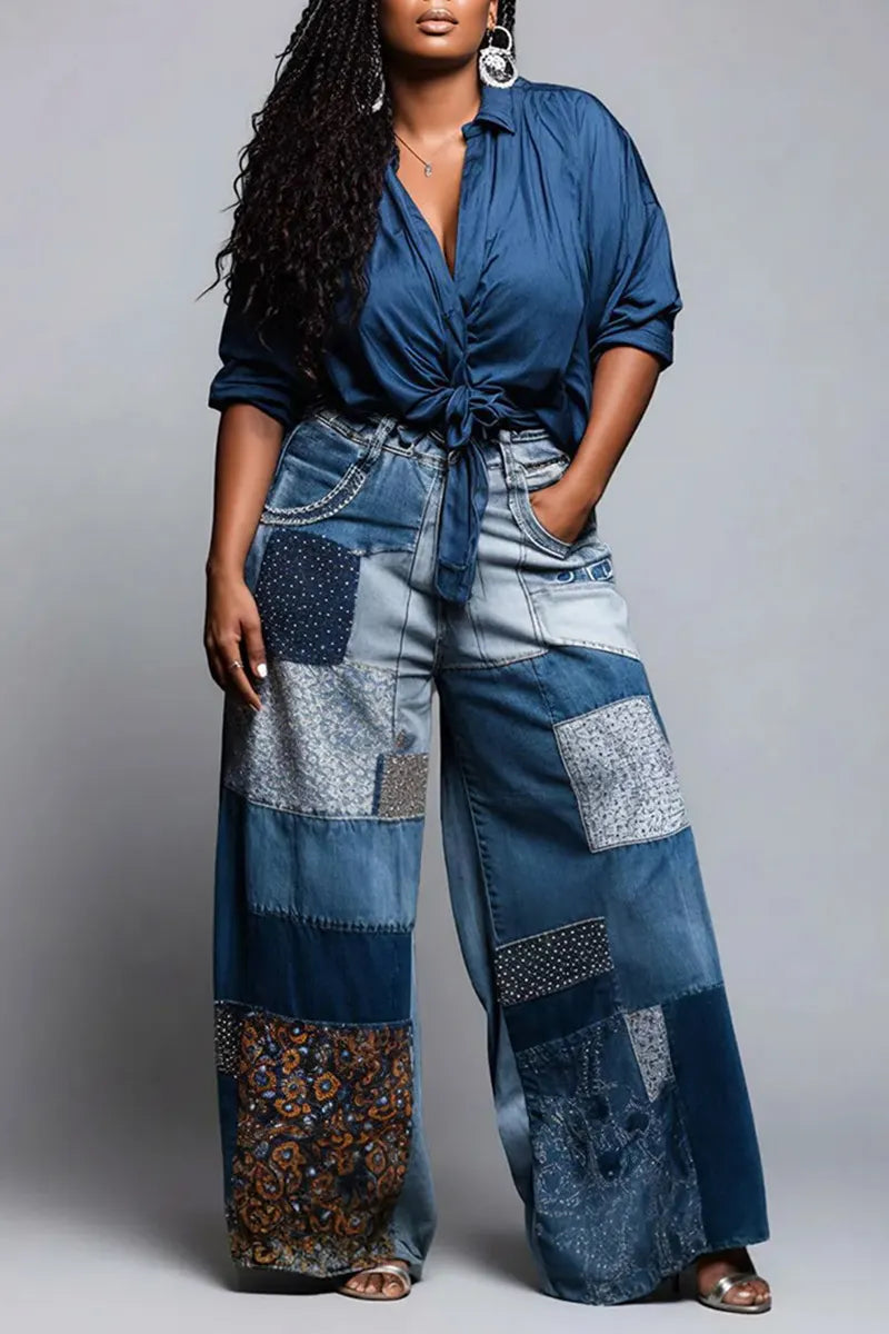 Women's Casual Patchwork Design Wide Leg Jeans
