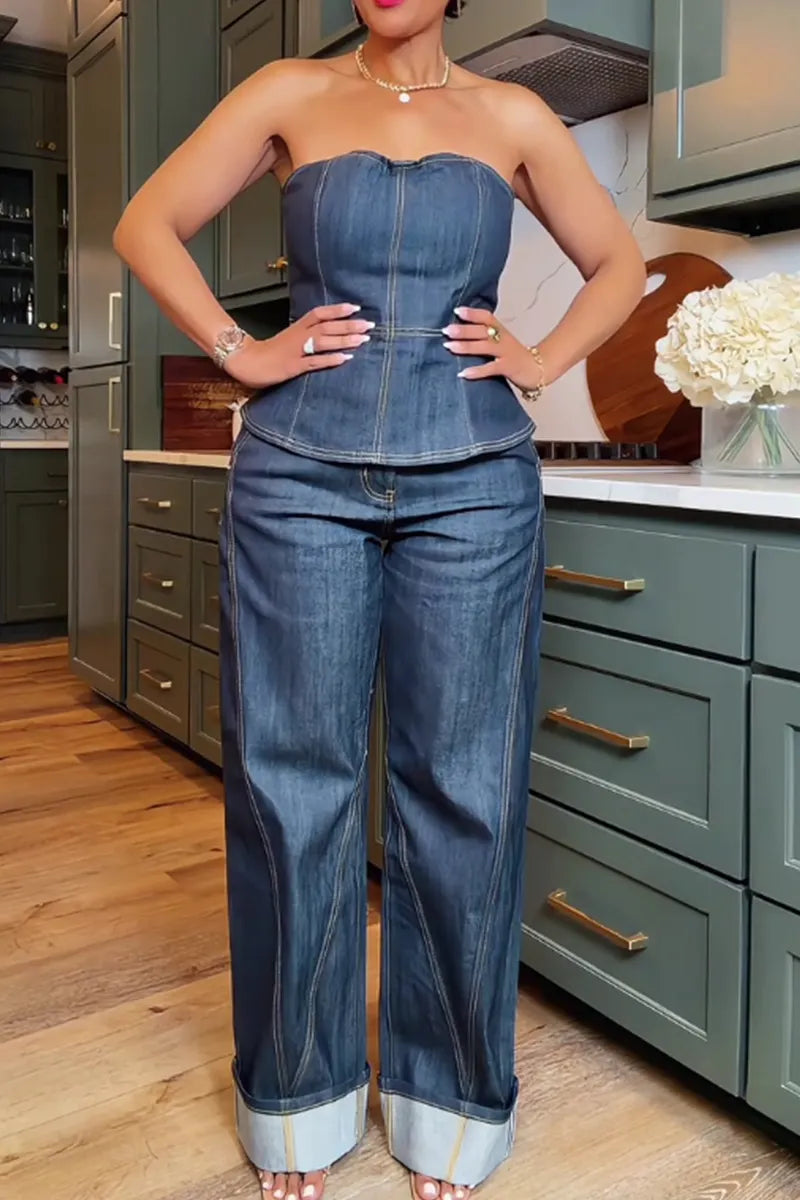 Women's Casual Strapless Denim Top Or Loose Fitting Wide Leg Patchwork Jeans