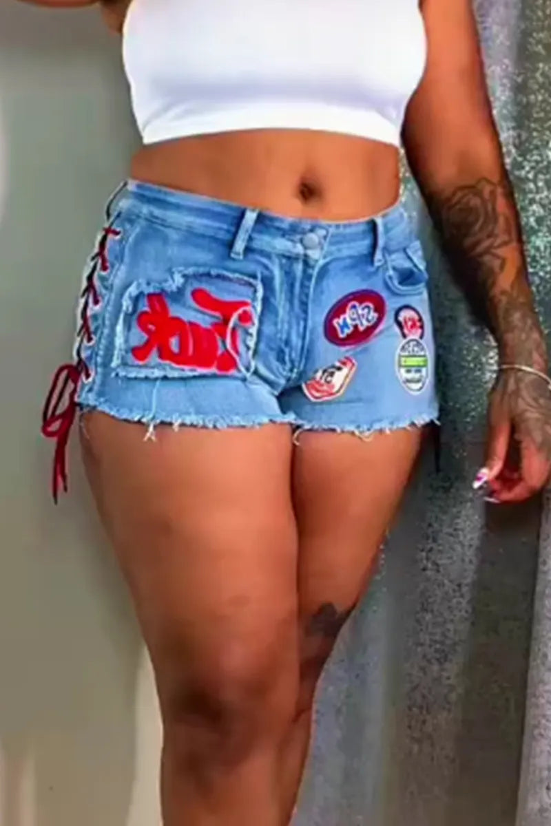 Women's Street Style Printed Lace Up Cutout Denim Shorts