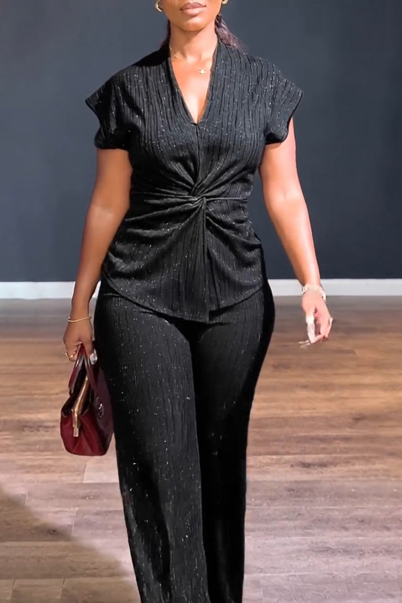 Women's Casual V-Neck Shiny Fine Sequins Top Pants Two-Piece Set