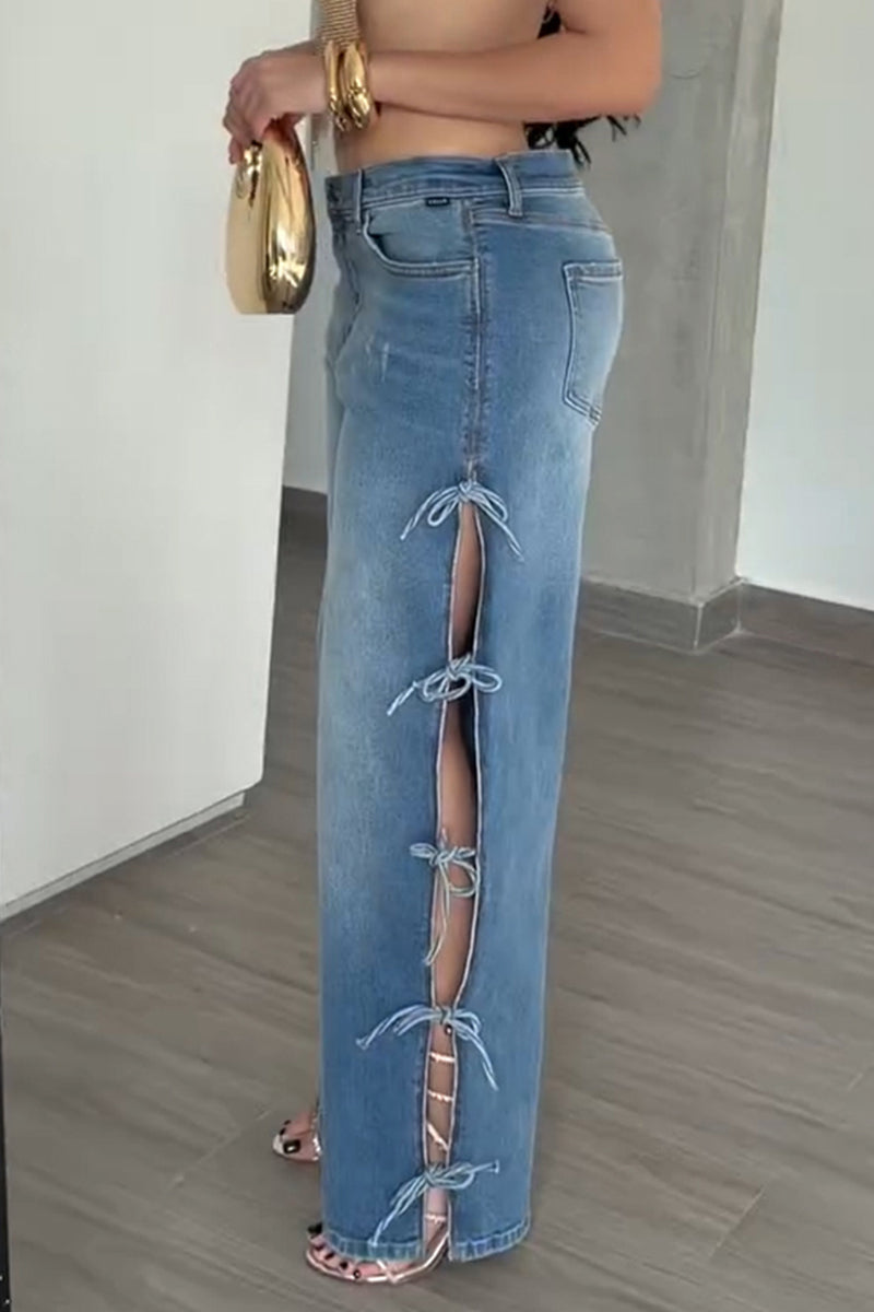 Women's Casual Side Bow Lace-Up Cut-Out Decoration Jeans