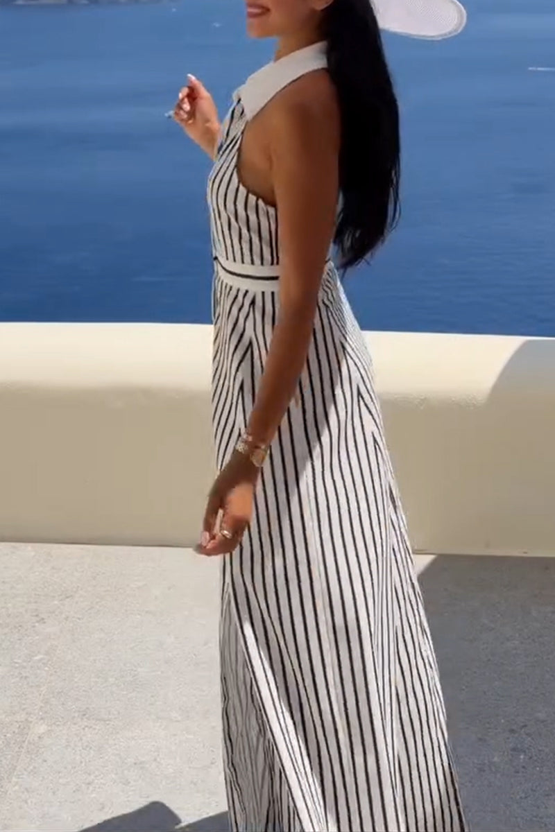 Women's Fashion Vacation Lapel Stripe Maxi Dress