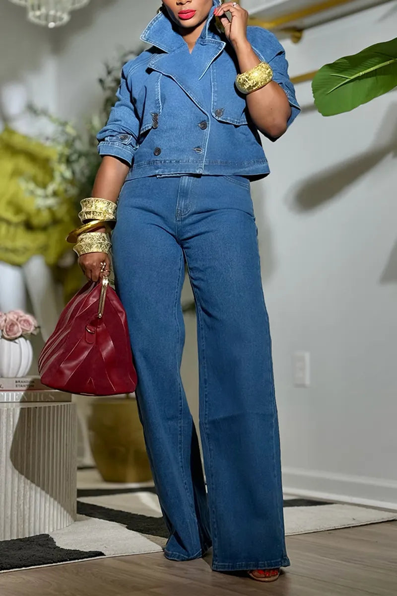 Women's Casual Lapel Double-Breasted Short Denim Jacket or Wide Leg Jeans