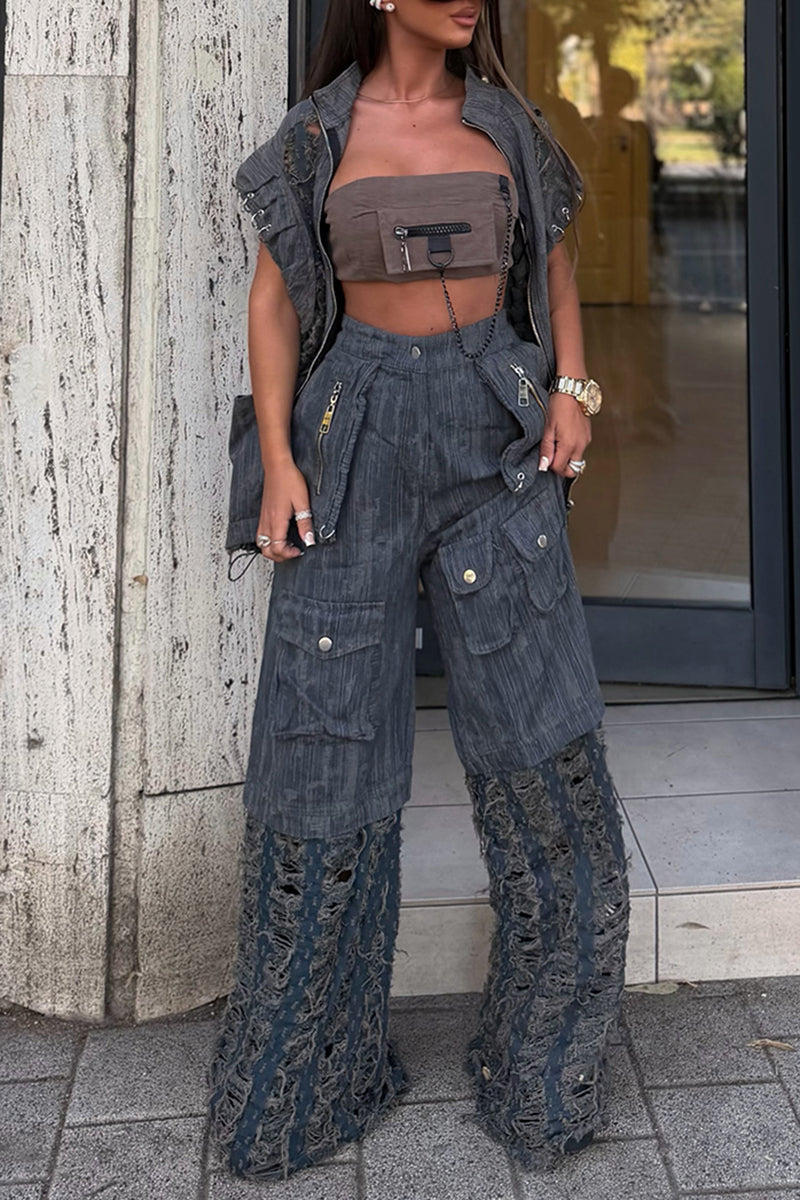 Women's Fashion Pocket Denim Ripped Patchwork Cargo Pants