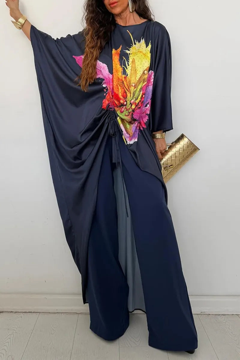 Women Round Neck Drawstring Printed Irregular Long Top+ Pants Casual Suit