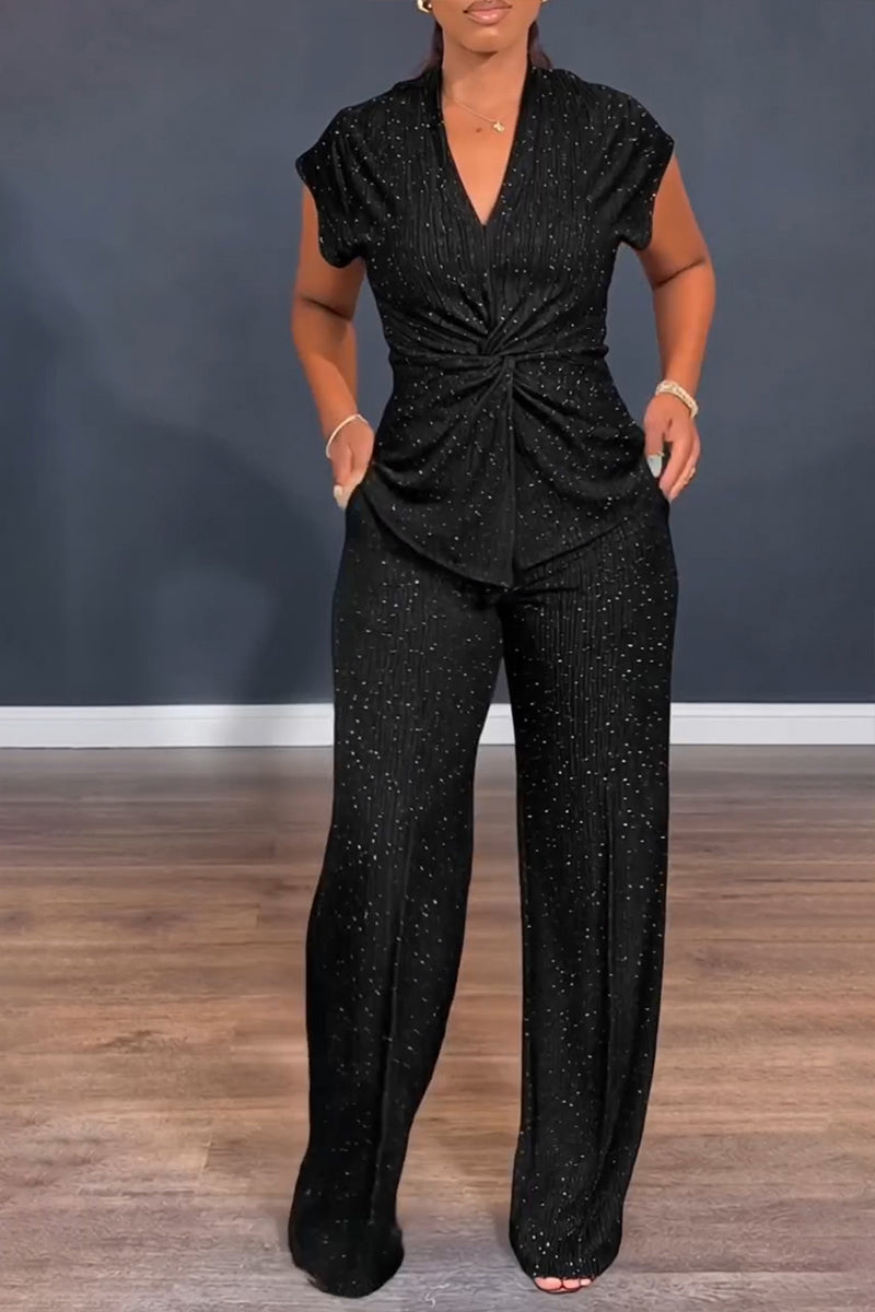 Women's Casual V-Neck Shiny Fine Sequins Top Pants Two-Piece Set