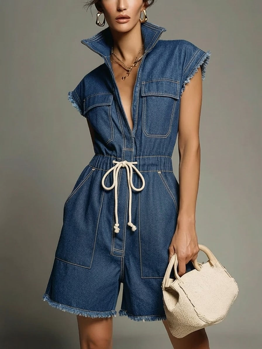 Casual Sleeveless Denim Jumpsuit Shorts