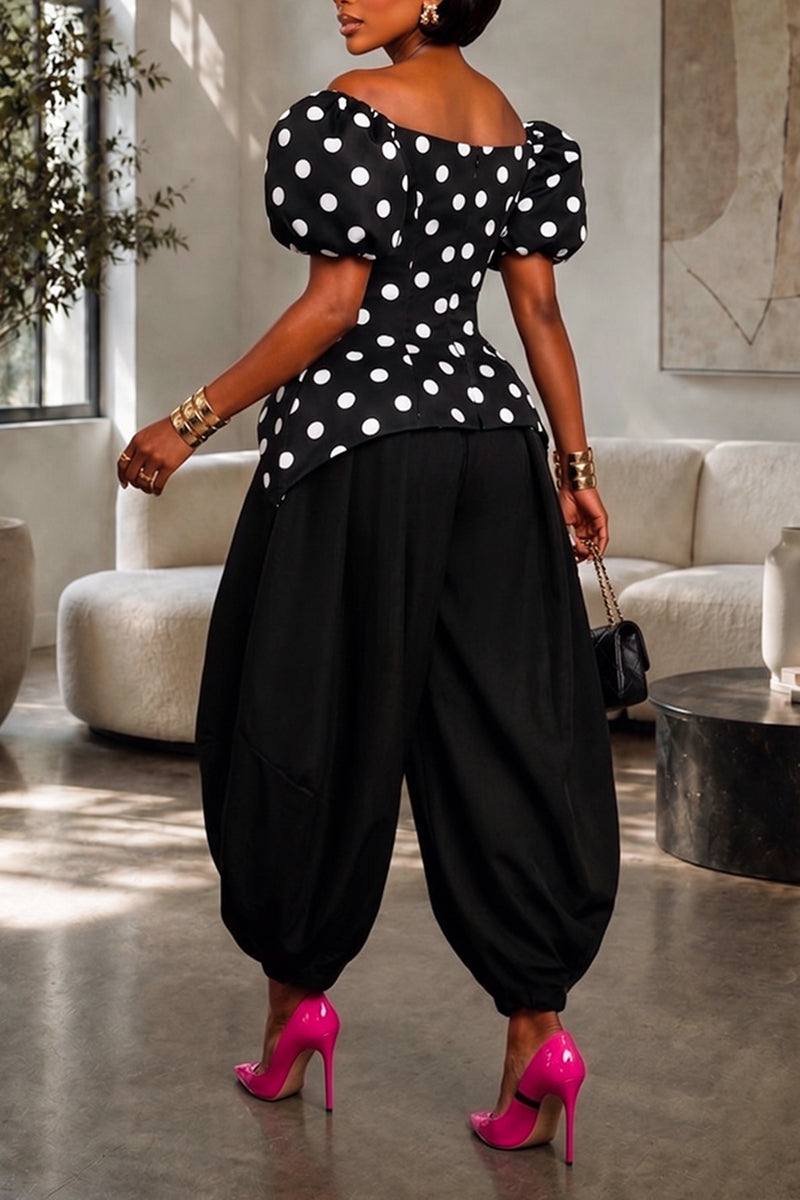 Women's Elegant Color Block Neckline Top Loose Pants Polka Dot Two-Piece Set
