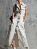 Women's Sleeveless Casual Loose Denim Dress With Lapel Collar