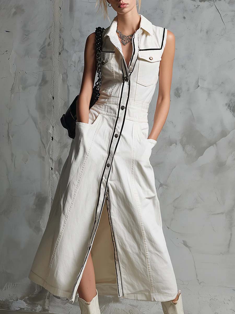 Women's Sleeveless Casual Loose Denim Dress With Lapel Collar