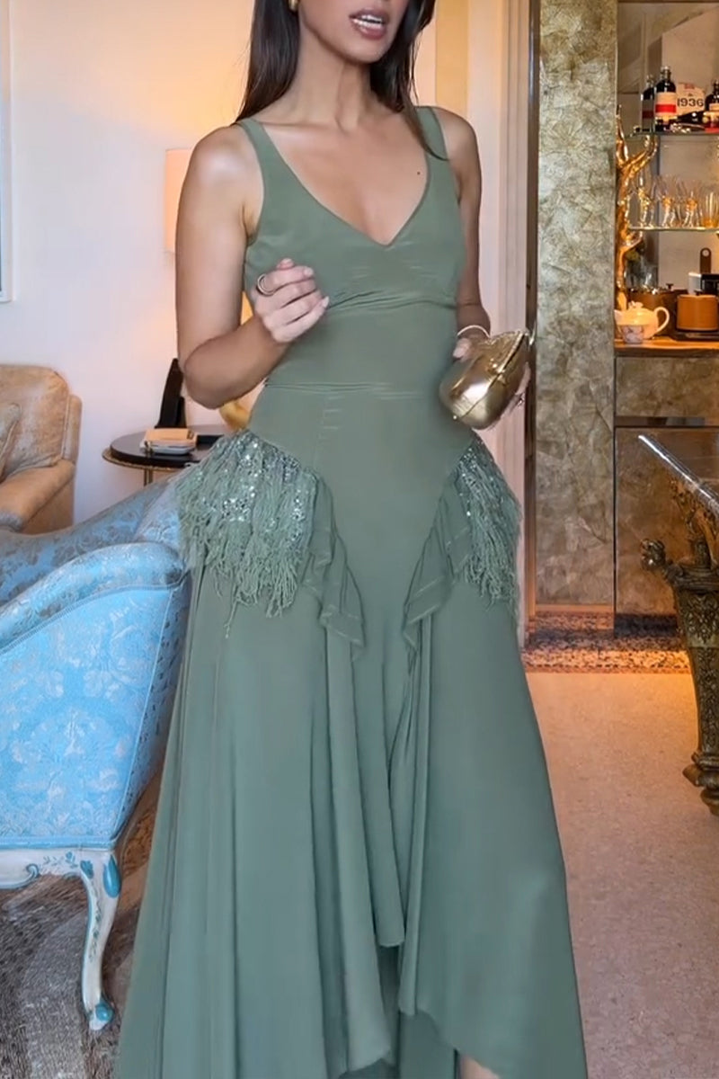 Women's Elegant Side Pleated Patchwork Asymmetric Hem Dress