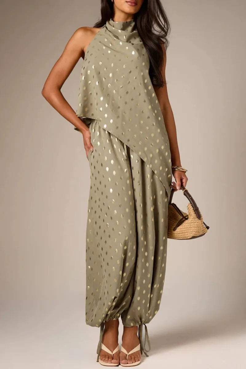 Women's Casual Foil Print Backless Vest and Pants Two-Piece Set