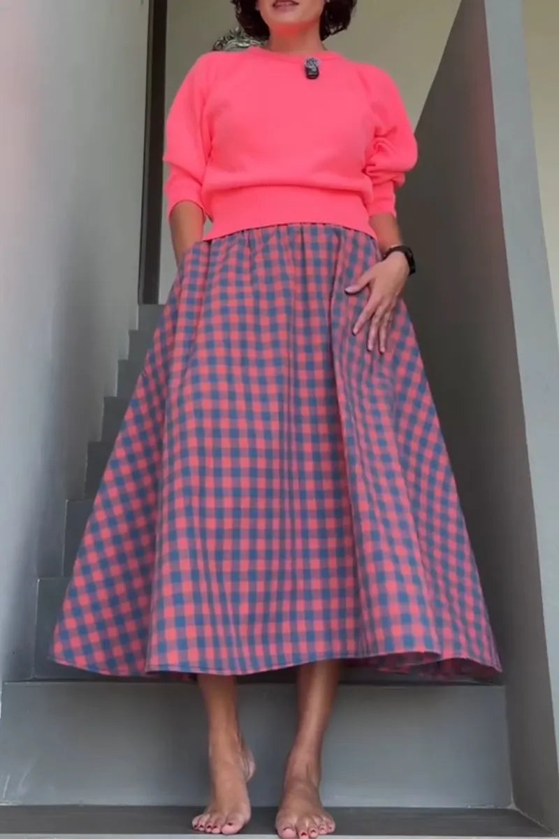 Women's Elegant and Casual Round Neck Knitted Solid Color Top or Plaid Skirt